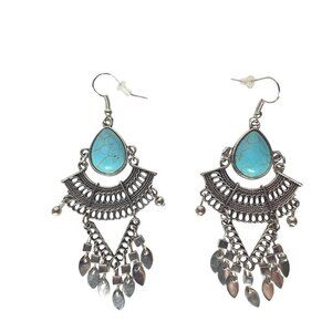 Boho Teardrop Dangle Earrings Faux Turquoise Silver Tone